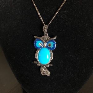 Vintage enamel in marcasite owl necklace sterling